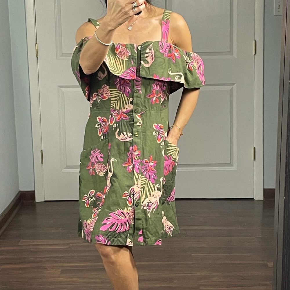 MNG Casual for Mango Linen Blend Pelican Print Cold Shoulder Dress size 6 - Picture 3 of 10